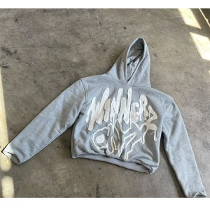 Sweat-shirt à capuche gris brodé pour homme en polyester et coton, style streetwear hiver, molletonné, personnalisable, vente en gros - Product Image 4