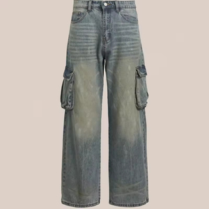 Nouveau Jean Cargo Homme Taille Haute 2026 en Denim Délavé Coupe Ample Jambe Large avec Grandes Poches Latérales Style Automne - Product Image 1