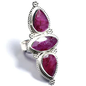 925 Sterling Silver Red Quartz Three Stone Statement Ring Natural Gemstone Handmade Vintage Jewelry Everyday Wear - Product Image 4