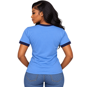 เสื้อยืด Zeta Phi Beta สำหรับผู้หญิง สีฟ้าอ่อน แต่งขอบสีกรมท่า ตัวอักษรกรีกสีน้ำเงินเข้ม ปักลาย ZOB ทรงพอดีตัว แขนสั้น เสื้อยืดชมรมนักศึกษา - Product Image 2