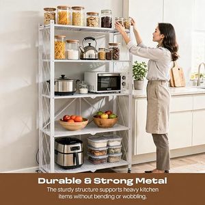 <b>White</b> <b>Metal</b> 5-Tier Storage Rack With Wheels For Kitchen Dish And Bowl Organization Standing Type Minimalist Design - Product Image 2