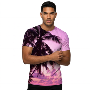 Camiseta de Manga Corta para Hombre, Color Morado, con Estampado de Palmeras y Atardecer, Cuello Redondo, Tejido de Punto, Corte Regular - Product Image 2