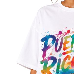 Camiseta Blanca Extra Grande Personalizada para Mujer con Estampado Gráfico de Puerto Rico, Logotipo Personalizado, Informal, de Algodón, para Verano, Estilo Urbano, OEM, ODM, Venta al Por Mayor - Product Image 3