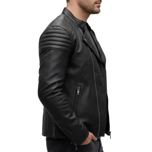 Veste en cuir noire pour homme, style motard, fermeture éclair asymétrique, manteau de style moto, cuir d'agneau de qualité supérieure, vêtements de rue, design unisexe - Product Image 4