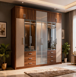 Armoire en bois à 4 portes avec finition teck premium, deux tiroirs et poignées courbes, disponible à prix de gros. - Product Image 6