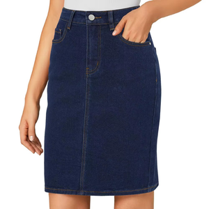 กระโปรงยีนส์ทรงเอวสูงสำหรับงานปาร์ตี้และใส่ลำลองสำหรับผู้หญิง กระโปรงยีนส์ยาวระดับเข่า มีห่วงเข็มขัด ชายกระโปรงแบบรุ่ย มีบริการ OEM/ODM - Product Image 2