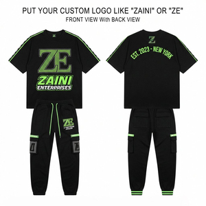 ชุดเสื้อยืดและกางเกงลำลองสไตล์สตรีทแวร์ ผ้าคอตตอนถัก 100% พรีเมียม 280 GSM เป็นมิตรกับสิ่งแวดล้อม สีดำเขียว แบบคาร์โก้จ็อกเกอร์ - Product Image 1