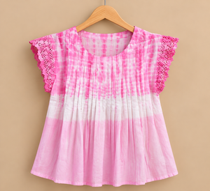 <b>Pink</b> Tie Dye Chiffon Blouse With <b>Lace</b> Cap Sleeves O-Neck Loose Fit Casual <b>Top</b> Women Spring Summer Wear - Product Image 2