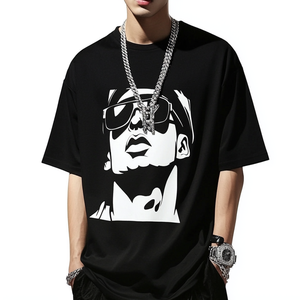 Camiseta gráfica negra para hombre con estampado de retrato de rapero audaz, estilo oversize, para moda hip hop, informal, de verano. - Product Image 5