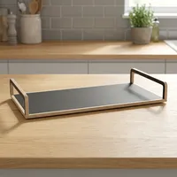 Plateau en acier avec dessus en marbre noir, finition dorée, plateau de service décoratif pour table basse, décoration de la maison, hôtel, restaurant