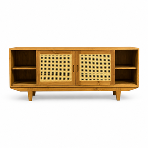 Buffet moderne en teck massif avec portes et tiroirs en rotin, meuble de rangement de style mid-century pour salon - Product Image 6