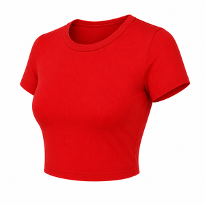 Women's <b>Red</b> <b>Crop</b> <b>Top</b> Short Sleeve O-Neck Solid Knitted Casual T-Shirt Spring Summer Fit - Product Image 3