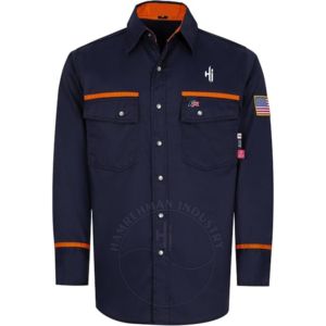 เสื้อเชิ้ตแขนยาวสำหรับงานเชื่อม ทนไฟได้มาตรฐาน ANSI Class 2 สำหรับผู้ชาย ผลิตจากผ้าฝ้าย ขายส่ง ปรับแต่งได้ เหมาะสำหรับงานอุตสาหกรรม - Product Image 1