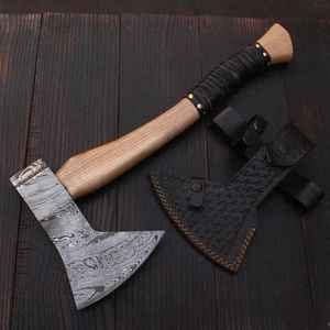 ขวานไวกิ้งเหล็กดามัสกัสคุณภาพสูง ผลิตด้วยมือ ขายตรงจากโรงงาน สำหรับการตั้งแคมป์กลางแจ้งและการเอาชีวิตรอด พร้อมปลอกหนัง - Product Image 1