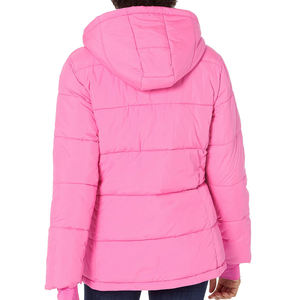 Blouson matelassé rose à capuche pour femme – Vêtement d'extérieur décontracté d'hiver, couleur unie, en polyester, fermeture boutonnée, coupe épaisse - Product Image 2