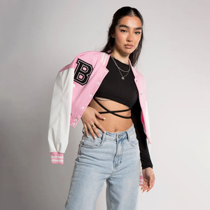 Direct Factory Supplier Women's Winter Cropped <b>Varsity</b> Baseball <b>Jacket</b> with Sheepskin Trim Cotton Breathable Windproof - Product Image 2