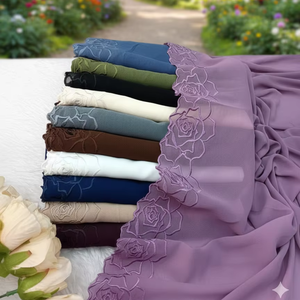 ชุดผ้าพันคอปักลายกุหลาบสุดหรู: ผ้าคลุมฮิญาบชีฟองขอบลูกไม้ลายดอกไม้สุดสง่างามใน 10 เฉดสีเอิร์ธโทนสุดหรู สำหรับงานพิธีการและสวมใส่ในชีวิตประจำวัน - Product Image 1