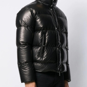 Men's Black PU <b>Quilted</b> Puffer Jacket Stand Collar Button Closure Windproof <b>Thick</b> Winter Casual Regular Fit - Product Image 2