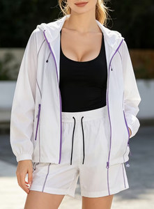 Ensemble décontracté deux pièces pour femme en polyester tricoté à motif uni, respirant, à capuche, coupe ample, tenue d'été - Product Image 3