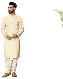 Lourd Designer Hommes Lin Coton Imprimé Broderie Paillettes Travail Kurta Pyjama Ensemble - Product Image 1
