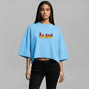 <b>Top</b> Trending Women's Light <b>Blue</b> Oversized <b>Crop</b> T-Shirt Drop Shoulder Crew Neck Solid Color Loose Fit Jersey Knit Spring Summer - Product Image 4