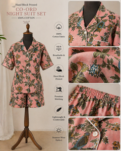 Artisanal Pink Bird Print Night Suit - Breathable Cotton Button-Up Shirt and Shorts Set - Jaipur Hand Printed Women Sleepwear - Product Image 4