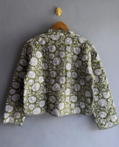 เสื้อแจ็คเก็ตครอปผ้าฝ้ายพิมพ์ลายดอกไม้สีเขียว คอวี แขนสามส่วน สไตล์โบฮีเมียน เสื้อคลุมลำลอง ของขวัญสำหรับเธอ - Product Image 6