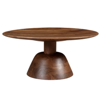 Table basse moderne en bois massif avec piétement en bois de manguier, plateau rond finition marron, design contemporain pour salon, maison, villas