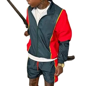 Custom Two Piece Windbreaker Short Jacket Set Patchwork <b>Zip</b> Nylon Polyester Streetwear Tracksuit Men Knitted Embroidered - Product Image 1