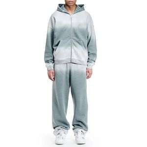 Ensemble de survêtement homme vert olive délavé style vintage en molleton de coton, comprenant un sweat à capuche et un pantalon de jogging, coupe ample et épaisse, style streetwear - Product Image 1