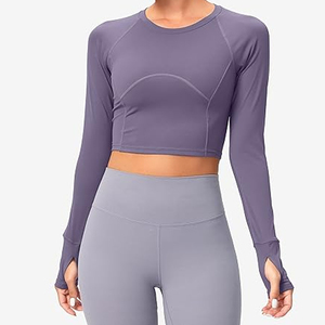 Custom Logo Womens Breathable Seamless Long <b>Sleeve</b> Compression <b>Crop</b> <b>Top</b> High Neck Athletic Fitness Workout Shirt Yoga Running - Product Image 1