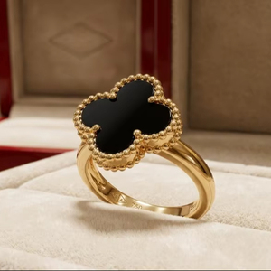 Vintage 18K Solid Gold Christian Children's Ring Black Onyx Clover Luxury Trendy Wedding Anniversary Party Wear - Product Image 1