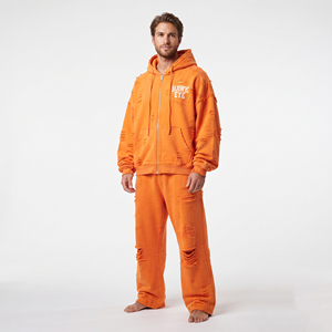 Wholesale High Quality Men Cotton Fleece Tracksuit Distressed <b>Full</b> <b>Zip</b> <b>Hoodie</b> Drop Shoulder Relaxed Fit Jogger - Product Image 6