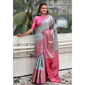 Sari Kanjivaram en soie douce Elite Weaves Leheriya, tissé traditionnellement avec des broderies Zari, gris, réversible, protection solaire, toutes saisons, indien - Product Image 1