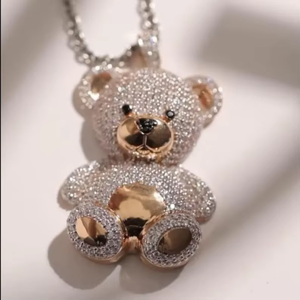 Iced Out Teddy <b>Bear</b> Pendant Two Tone Gold and Silver Finish Fully Moissanite Encrusted <b>Cute</b> Hip Hop Style Jewellery for Men - Product Image 1