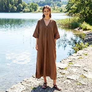 100% Cotton <b>Kaftan</b> Dress Side Slit Loose Fit V Neck Bell Sleeve Midi A-Line Bow Vintage High Waist <b>Summer</b> Vacation Pockets Women - Product Image 1