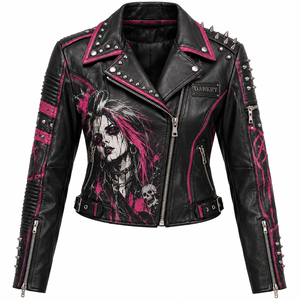 Chaqueta de Cuero Genuino para Mujer, Estilo Gótico Punk, Personalizada con Tachuelas, Cinturón Metálico, Chaqueta Corta, Proveedor de Fábrica OEM - Product Image 1