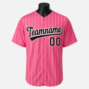 Camiseta de Béisbol Personalizada con Rayas Rosas, Uniforme de Equipo Sublimado Premium, Ligera, Transpirable, con Botones - Product Image 1