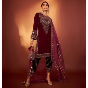 COLLECTION INDIENNE DE VELOURS FANTAISIE MARRON SALWAR KAMEEZ TRADITIONNEL POUR LES FEMMES STYLE LONG DE HAUTE QUALITÉ POUR MARIAGE ET FÊTE INDIENS - Product Image 1