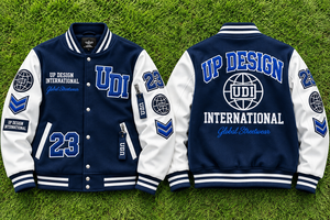 แจ็คเก็ตวาร์ซิตี้สีน้ำเงินกรมท่าแบบสั่งทำพิเศษ แขนเสื้อสีขาว ปักลายตัวอักษรแบบเบสบอล เสื้อแจ็คเก็ตบอมเบอร์สไตล์สตรีทแวร์ระดับพรีเมียมสำหรับวิทยาลัย - Product Image 6