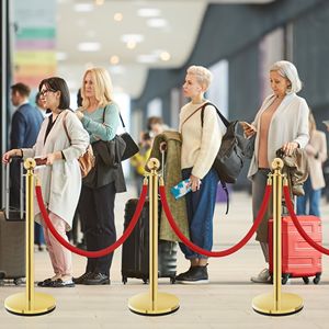 4 Pali in Acciaio Inox per Controllo Folla, 3 Corde in Velluto Rosso, Altezza 37 Pollici, Lunghezza 5 Piedi, Design con Punta a Sfera Dorata, Supporto per Banner - Product Image 1