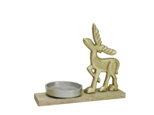 Figurine de renne moderne en métal doré avec porte-bougie argenté sur base en bois, décoration de Noël durable - Product Image 1