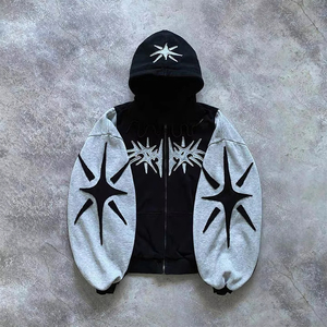 Sweat à capuche zippé pour homme, tricoté, stylé, avec broderie appliquée patchwork contrastant style hip-hop, 2026 - Product Image 2