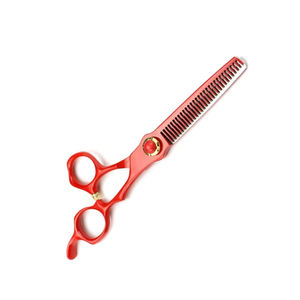 Tijeras de Peluquería Personalizadas para Cortar y Entresacar Cabello, Color Rojo, con Tornillo Decorativo y Reposa Dedos - Product Image 2