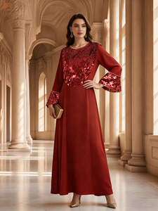 Abaya Elegante con Lentejuelas y Cuello Redondo para Mujer Musulmana, Vestido Holgado para Eid y Ramadán, Estilo Kaftan, Dubai, Arabia Saudita - Product Image 5