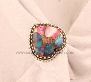 Handmade Pink Oyster Vintage <b>Ring</b> <b>925</b> <b>Silver</b> Brass Mixed Metal Antique Style Oval Cabochon Stone <b>Ring</b> High Quality Artisan - Product Image 5