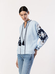 Blusa de Manga Corta con Cuello en V y Cordones Bordados de Estilo Bohemio Retro para Mujer, Blusa Informal y Elegante de Otoño, 100% Algodón - Product Image 2