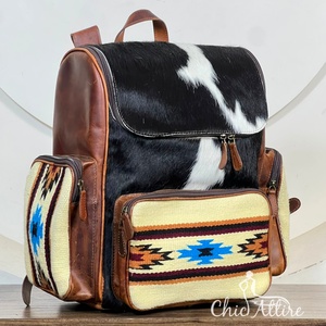 Sac à dos vintage en cuir de vachette véritable style western, motif aztèque, grande capacité, style selle, pour ordinateur portable et voyage - Product Image 1