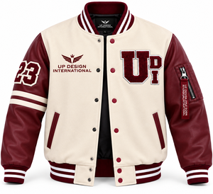 Veste universitaire personnalisée en crème avec manches en cuir bordeaux, veste bomber brodée, fabricant OEM de streetwear - Product Image 1