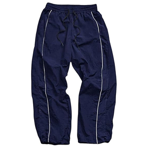 Pantalon coupe-vent en satin bleu marine pour femme, taille mi-haute, avec cordon de serrage, rayures latérales, coupe ample, longueur intégrale, tenue formelle d'hiver - Product Image 1